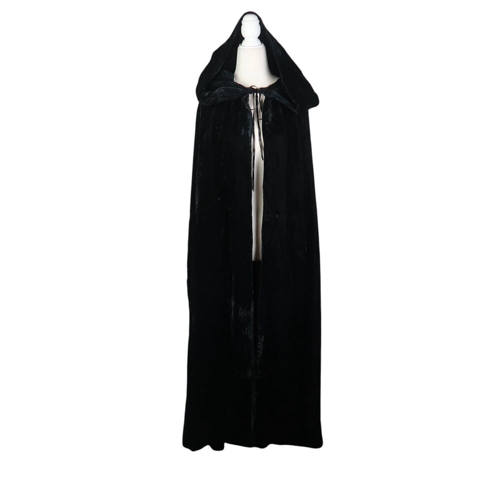 Vintage Black Velvet Hooded Opera Cape Cloak Long Maxi Duster Gothic Costume